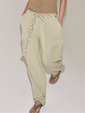 Zara ZW Collection Sequin Cargo Pants in Light Khaki. Size XL. New! *Flaw